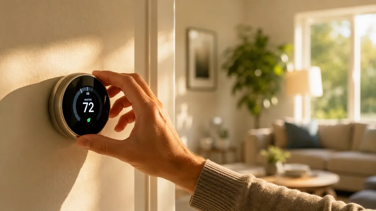 Hand adjusting a wall thermostat in a bright living room