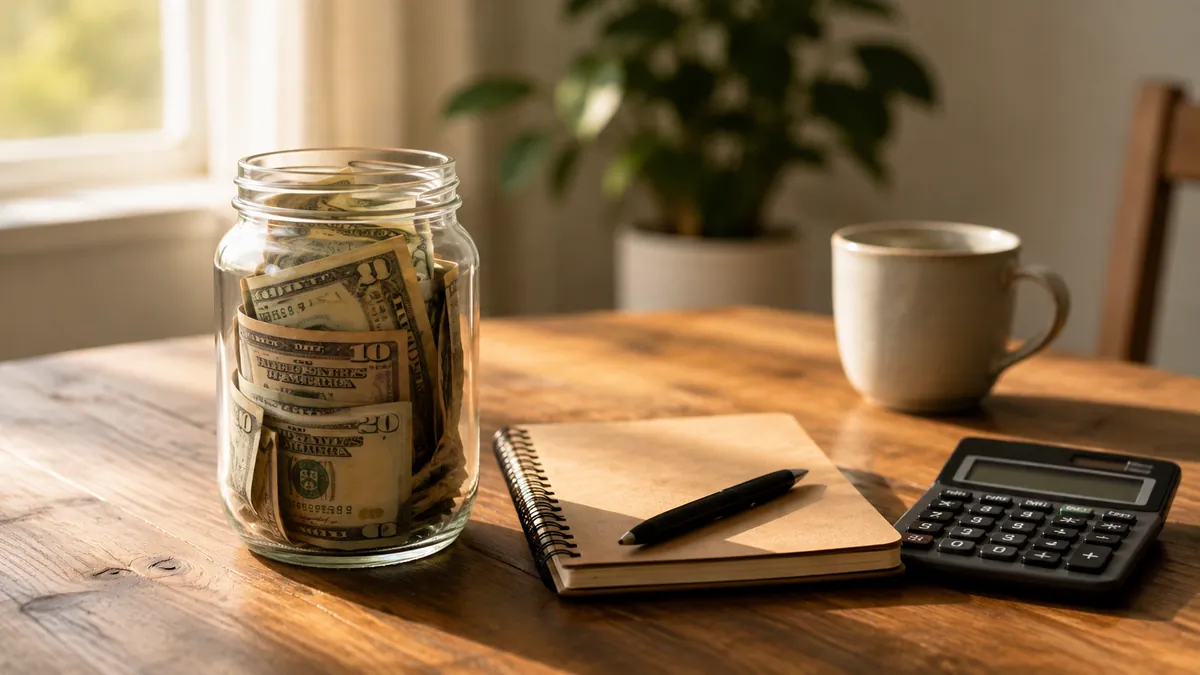 Jar of saved cash beside a notebook and calculator on a kitchen table
