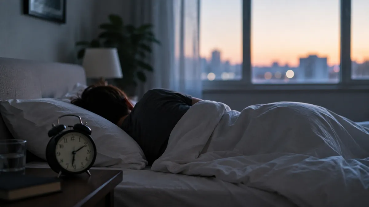 Alarm clock in the foreground of a dim bedroom at dawn