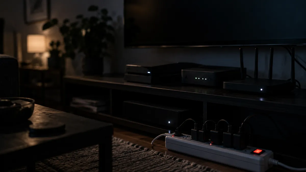 Standby lights glowing on electronics in a dark living room