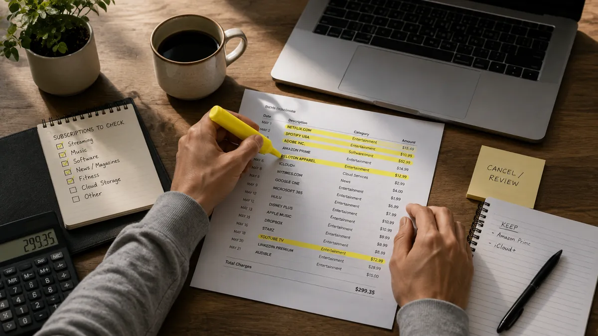 Highlighting recurring charges on a printed bank statement beside a laptop