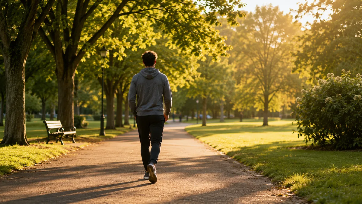Person walking on a tree-lined path in morning light